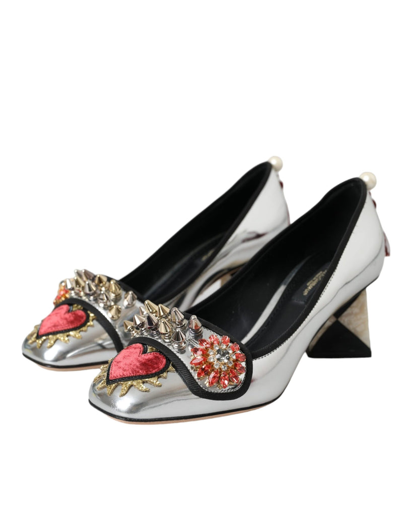 Dolce & Gabbana Silver Embellished Leather Heels Pumps Shoes