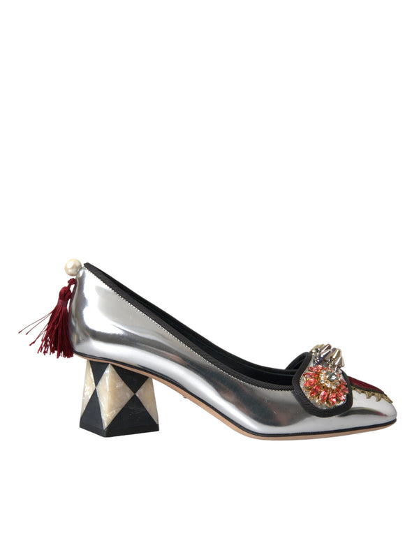 Dolce & Gabbana Silver Embellished Leather Heels Pumps Shoes