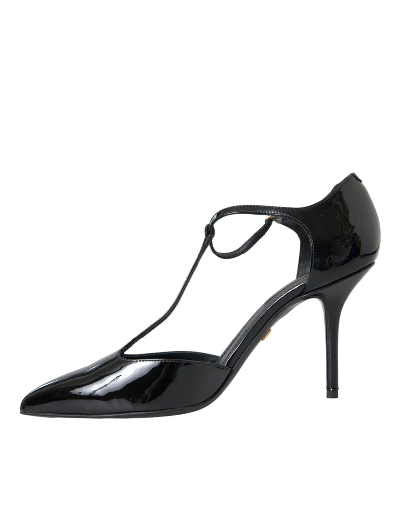 Dolce & Gabbana Black Patent Leather T-strap Heel Pumps Shoes