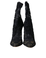 Dolce & Gabbana Black Stretch Taormina Lace Boots Shoes