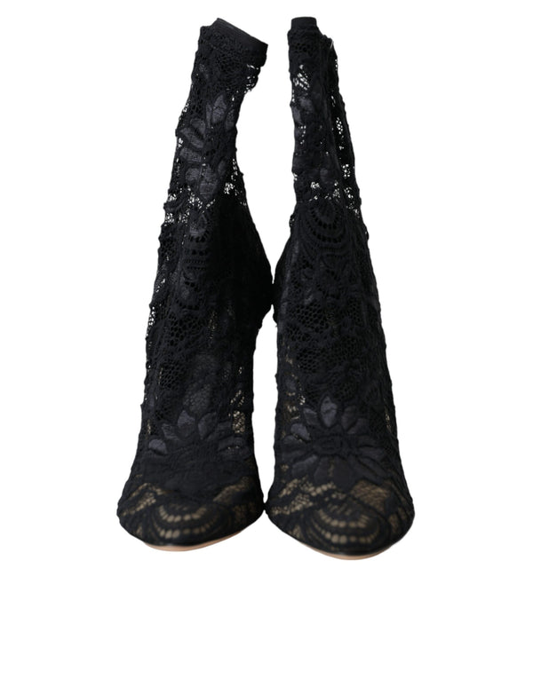 Dolce & Gabbana Black Stretch Taormina Lace Boots Shoes