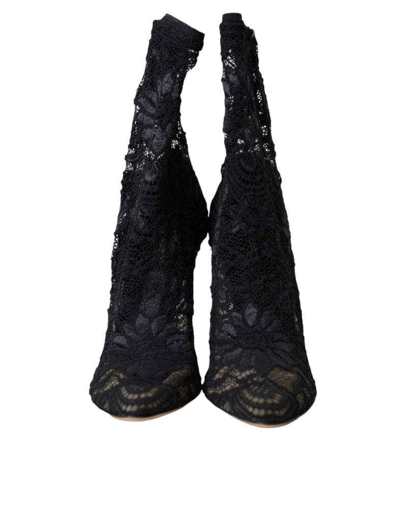 Dolce & Gabbana Black Stretch Taormina Lace Boots Shoes