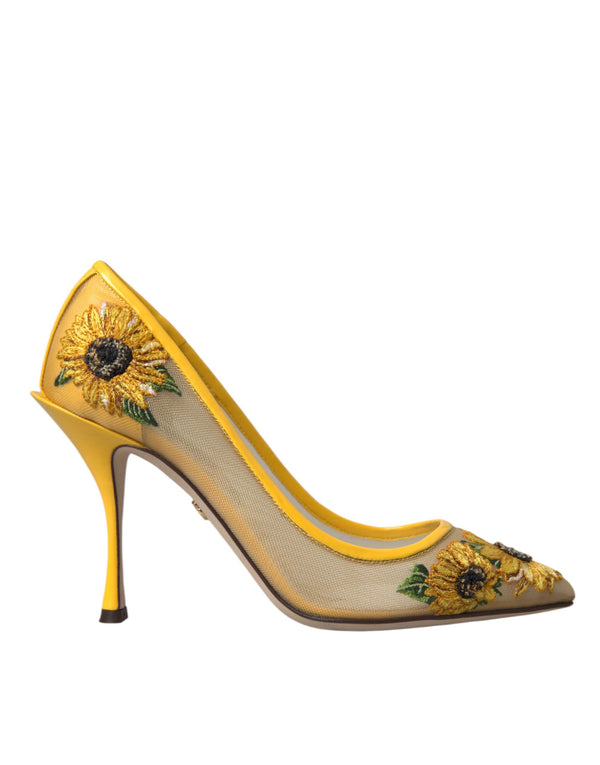 Dolce & Gabbana Yellow Sunflower Mesh Heels Pumps Shoes