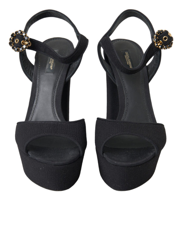 Dolce & Gabbana Black Leather Platform Heels Sandals Shoes