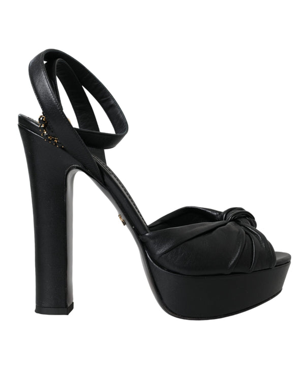 Dolce & Gabbana Black Leather Crystal Platform Sandals Shoes