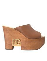 Dolce & Gabbana Brown Leather Wood Mules Wedge Slides Shoes