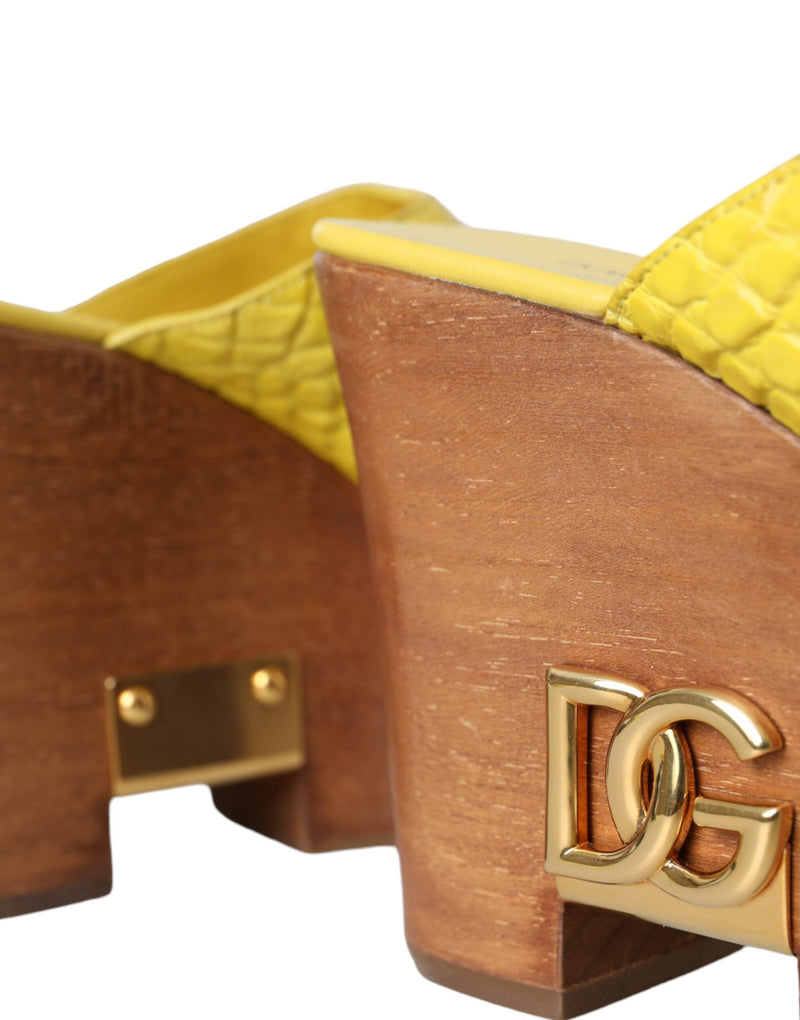 Dolce & Gabbana Yellow Leather Wood Mule Wedge Slides Shoes