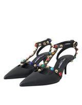 Dolce & Gabbana Black Leather Embellished Heels Sandal Shoes