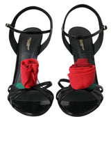 Dolce & Gabbana Black Leather Rose Ankle Strap Heels Sandals Shoes