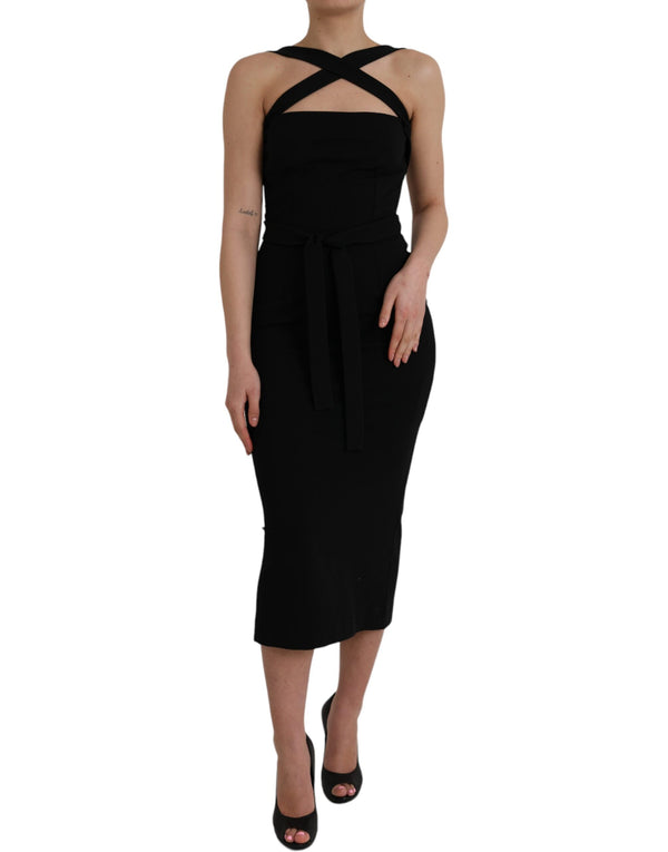 Dolce & Gabbana Black Sheath Halter Sleeveless Midi Dress