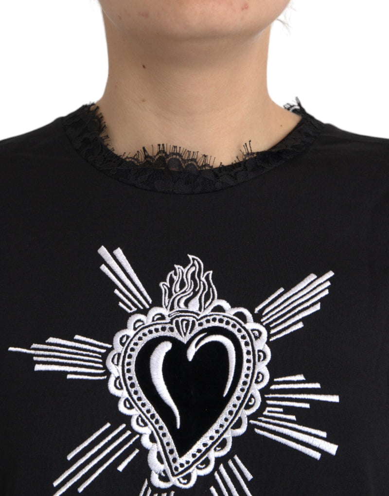 Dolce & Gabbana Black Sacred Heart Print Cotton Lace T-shirt