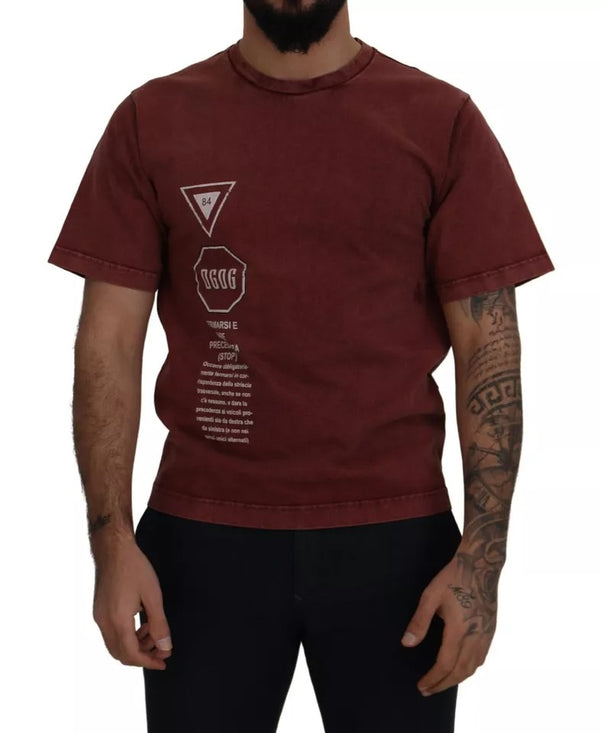 Dolce & Gabbana Maroon Printed Crewneck Tee Cotton T-shirt