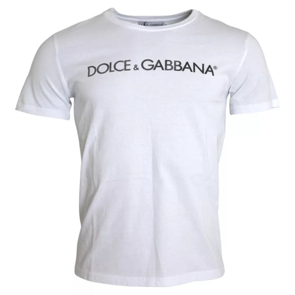 Dolce & Gabbana White Logo Print Cotton Crew Neck Mens Top T-shirt