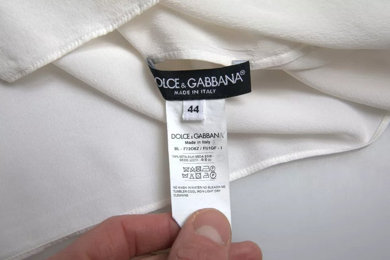 Dolce & Gabbana White Floral Silk Ascot Collared Top Blouse