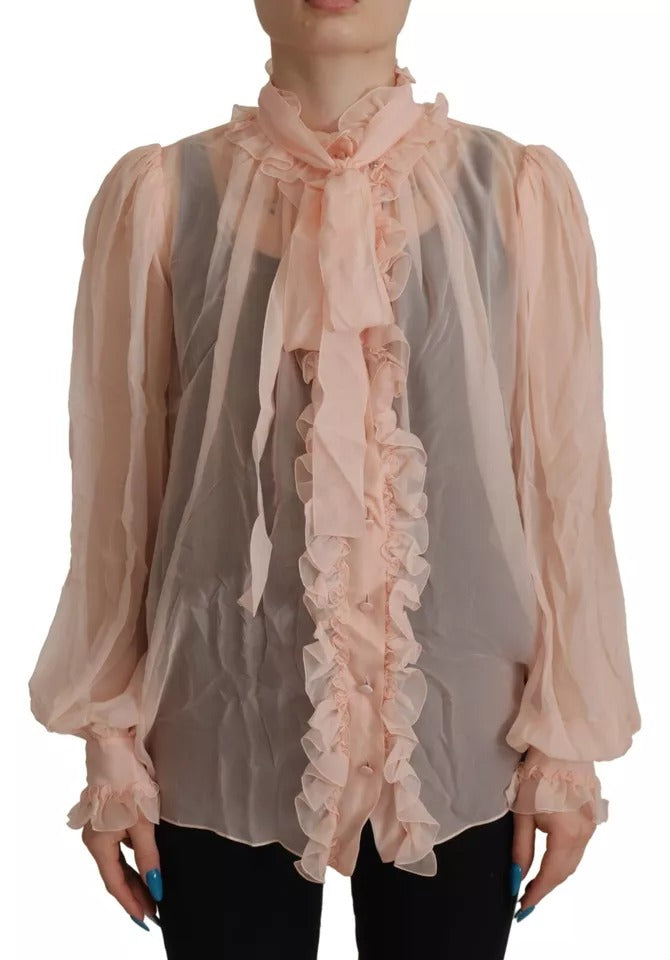 Dolce & Gabbana Light Pink Silk Ascot Collar Long Sleeves Top