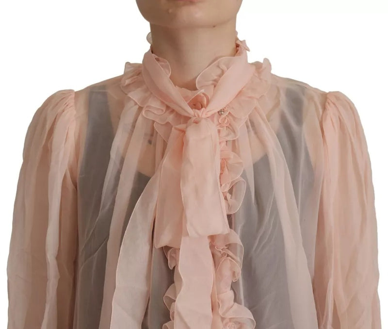 Dolce & Gabbana Light Pink Silk Ascot Collar Long Sleeves Top