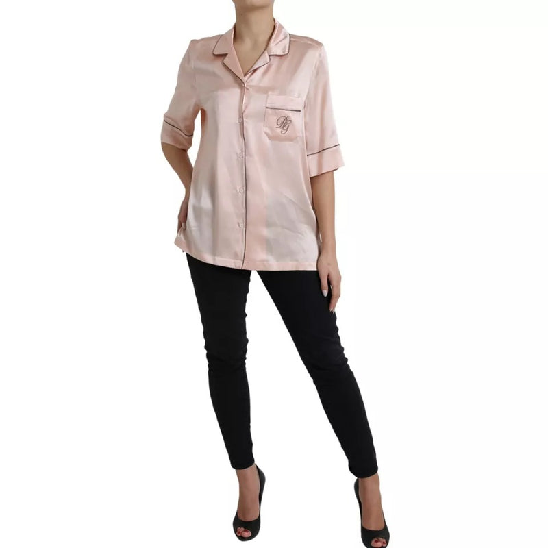 Dolce & Gabbana Pink Silk Long Sleeves Logo Pajama Blouse Top