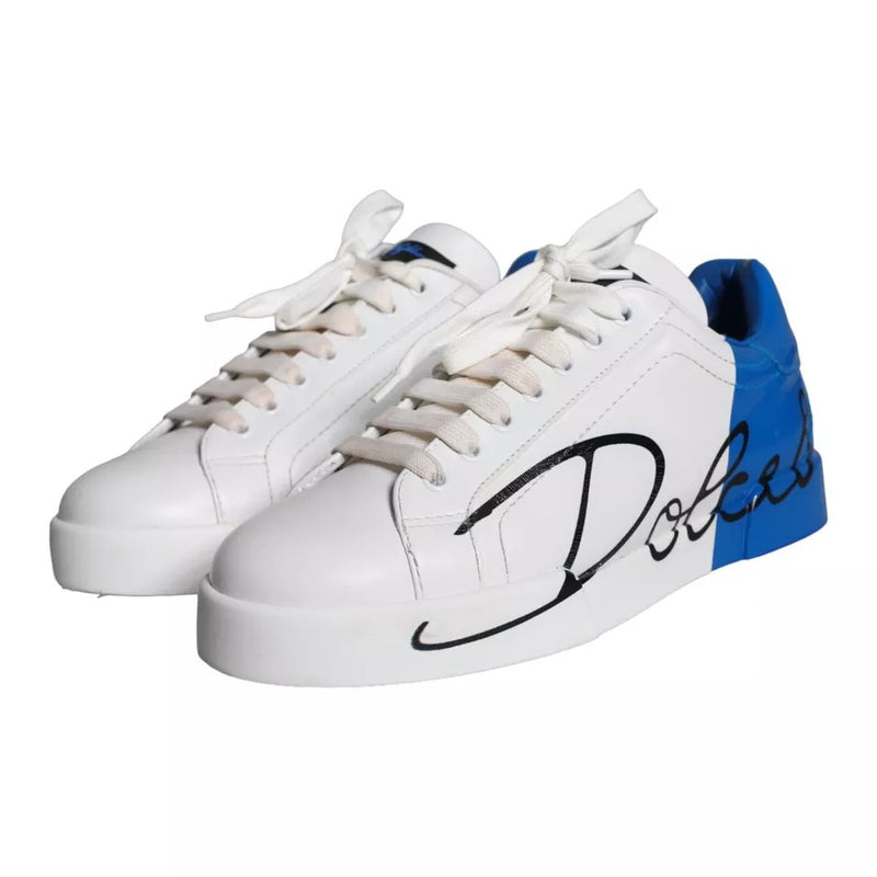 Dolce & Gabbana White Blue Leather Logo Low Top Sneakers Men Shoes