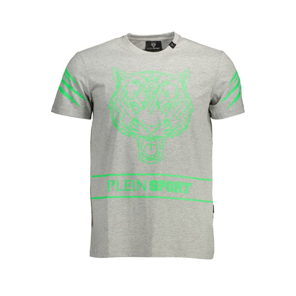 Plein Sport Sleek Gray Crew Neck Logo Tee with Contrasting Details