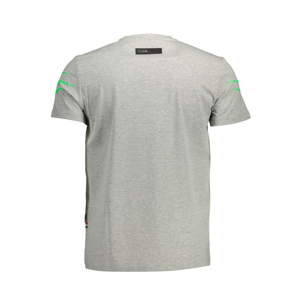 Plein Sport Sleek Gray Crew Neck Logo Tee with Contrasting Details