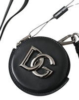 Dolce & Gabbana Black Round Leather DG Logo Coin Purse Lanyard Wallet