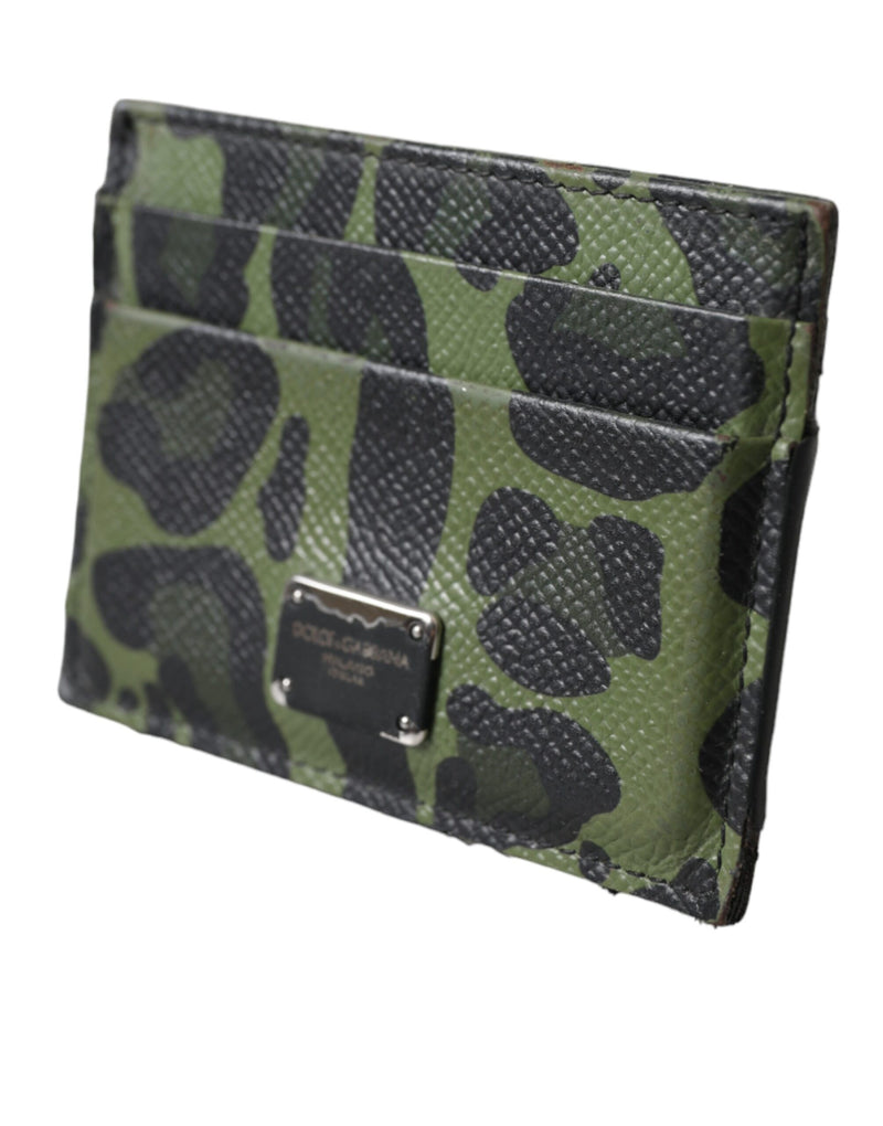 Dolce & Gabbana Green Black Leopard Logo Plaque Card Holder Wallet