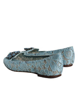 Dolce & Gabbana Blue Lace Crystal Ballet Flats Loafers Shoes