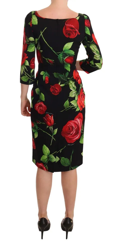 Dolce & Gabbana Black Red Roses Sheath Silk Stretch Dress