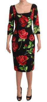 Dolce & Gabbana Black Red Roses Sheath Silk Stretch Dress