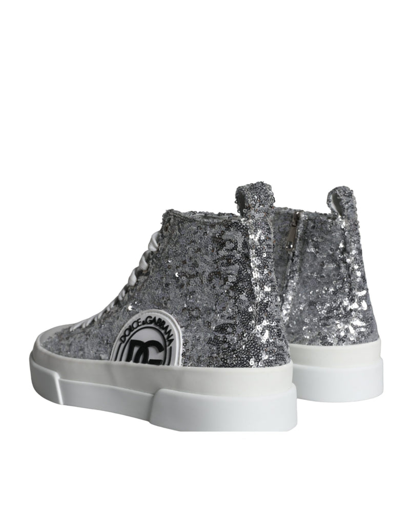 Dolce & Gabbana Silver White Sequined High Top Sneakers Shoes