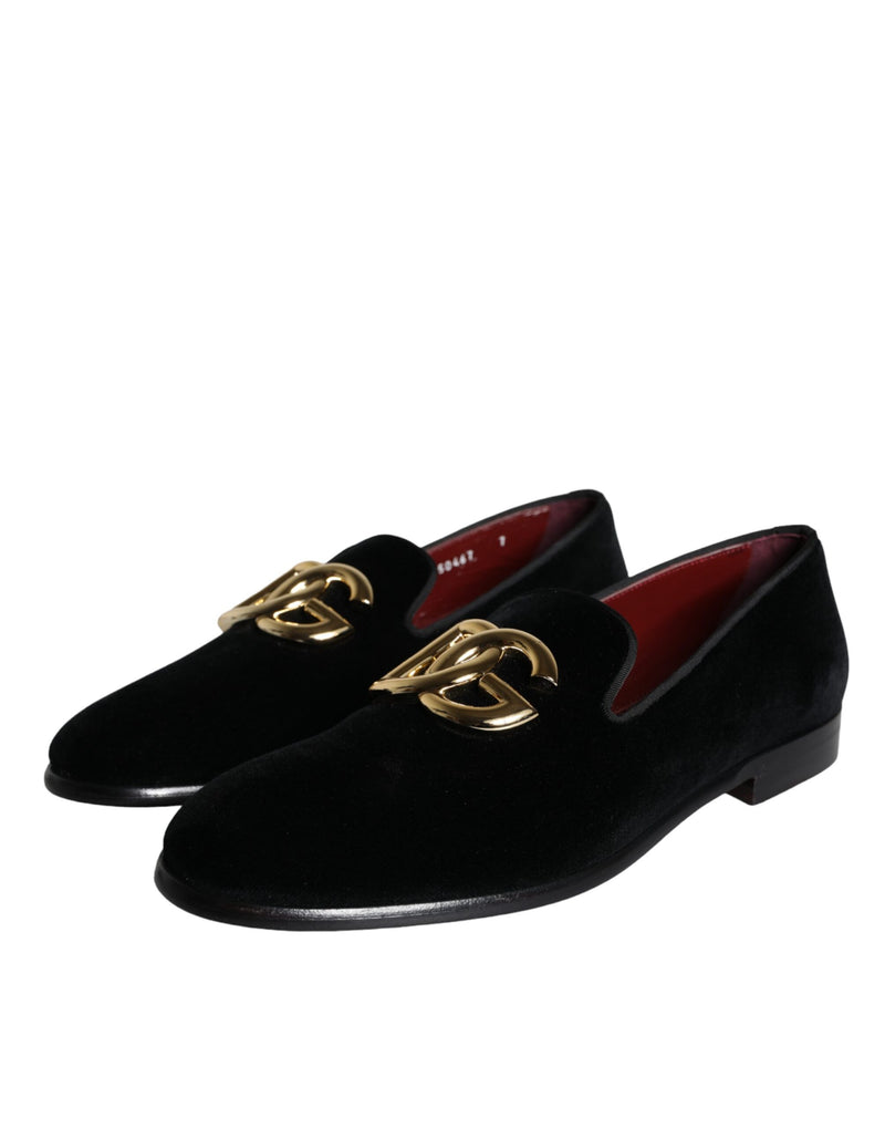 Dolce & Gabbana Black Velvet Cotton Logo Loafers Dress Shoes