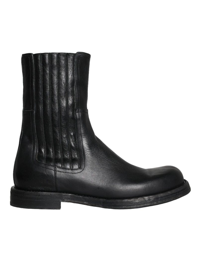 Dolce & Gabbana Black Horse Leather Mid Calf Boots Men Shoes