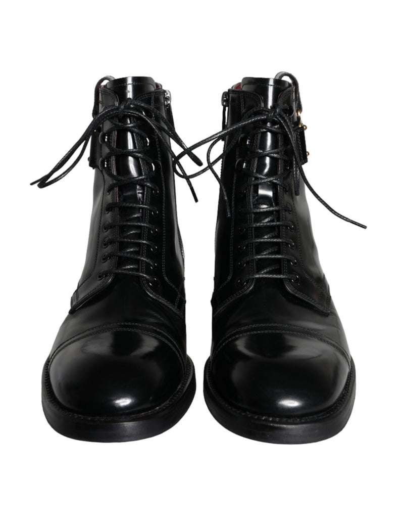 Dolce & Gabbana Black Logo Lace Up Mid Calf Men Boots Shoes