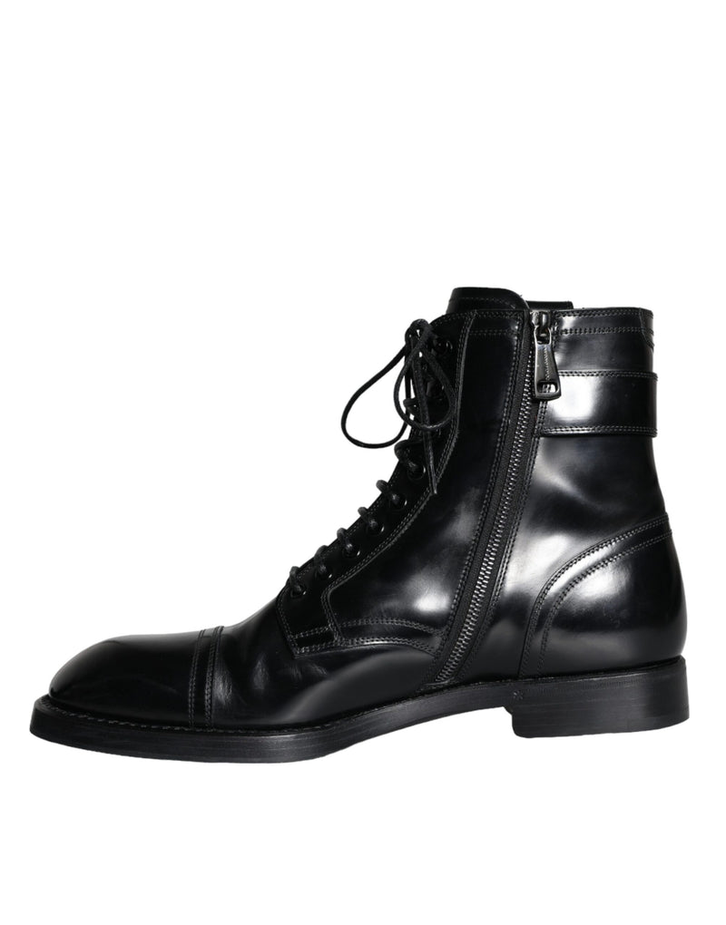 Dolce & Gabbana Black Logo Lace Up Mid Calf Men Boots Shoes