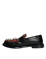 Dolce & Gabbana Black Leopard Print Studs Leather Loafers Shoes