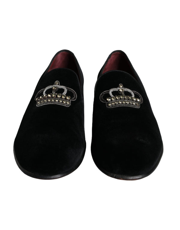 Dolce & Gabbana Black Velvet Crystal Crown Men Loafers Shoes