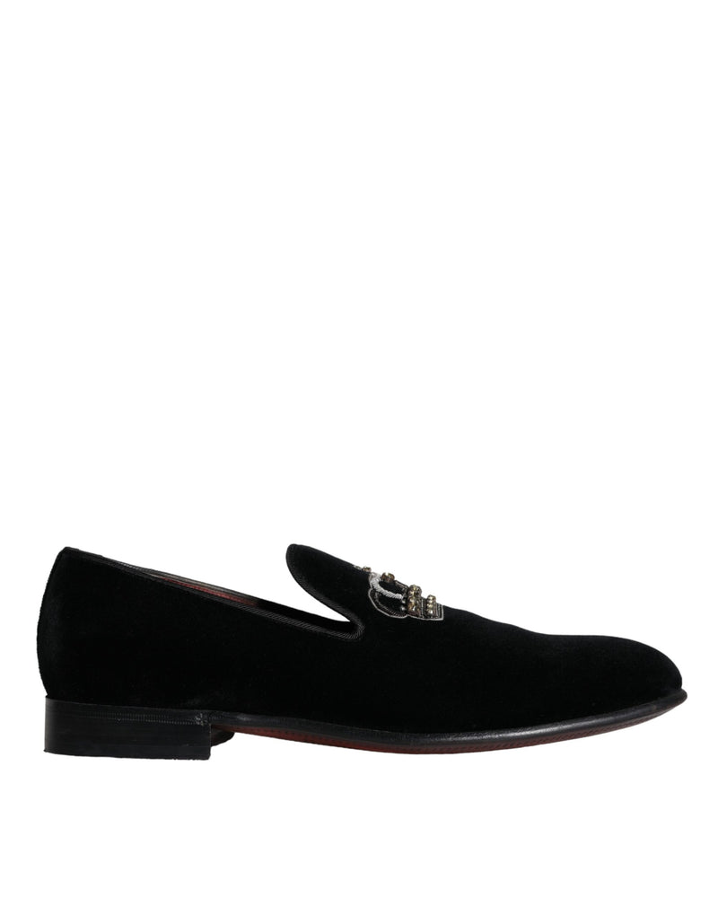 Dolce & Gabbana Black Velvet Crystal Crown Men Loafers Shoes