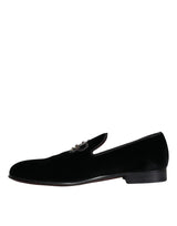 Dolce & Gabbana Black Velvet Crystal Crown Men Loafers Shoes