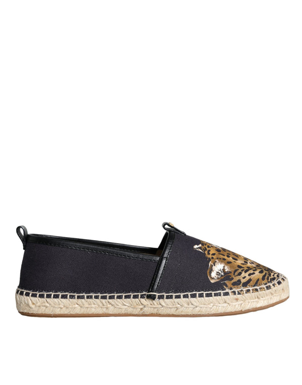 Dolce & Gabbana Black Cotton Leopard Slip On Espadrilles Shoes