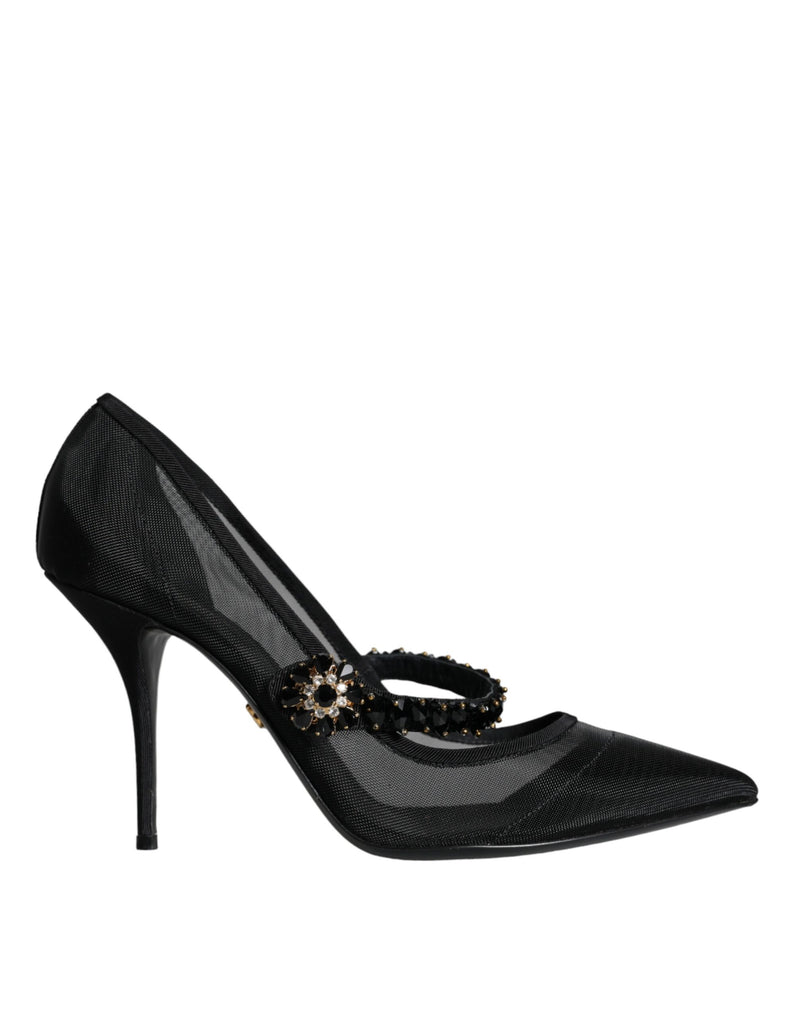 Dolce & Gabbana Black Mesh Mary Jane Crystal Heel Pumps Shoes