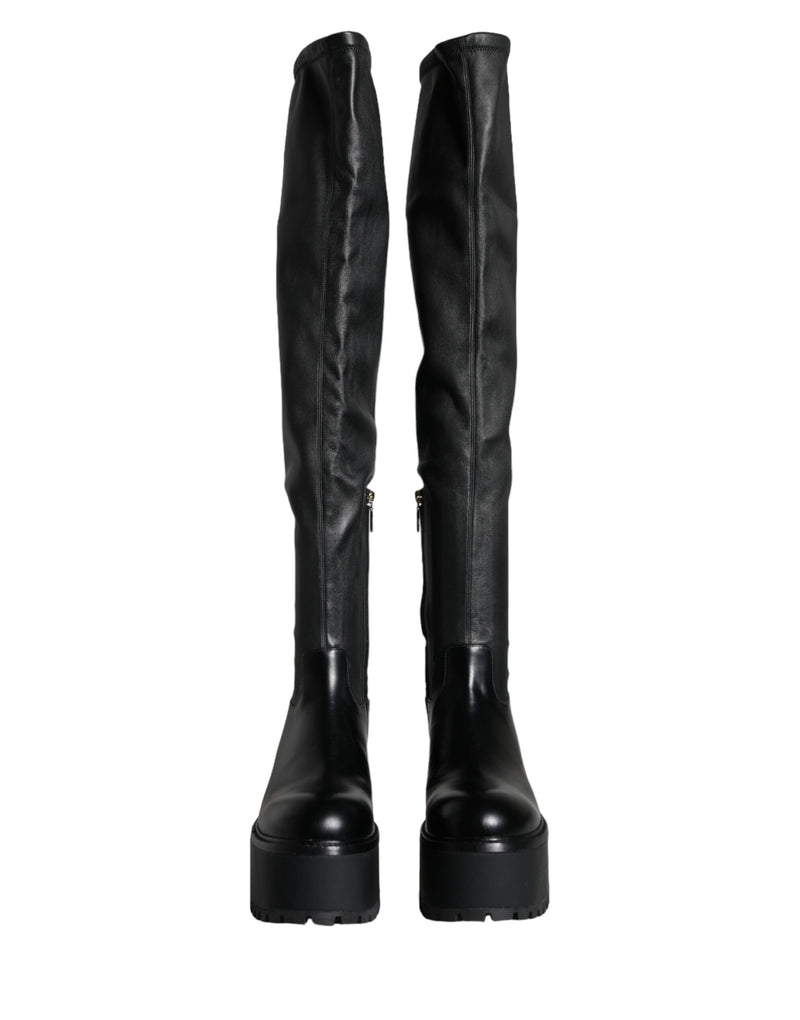 Dolce & Gabbana Black Leather Logo Knee High Boots Shoes