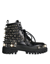 Dolce & Gabbana Black Leather Studs Embellished Combat Boots Shoes