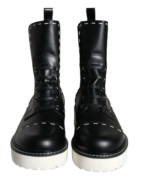 Dolce & Gabbana Black Leather Combat Mid Calf Boots Shoes