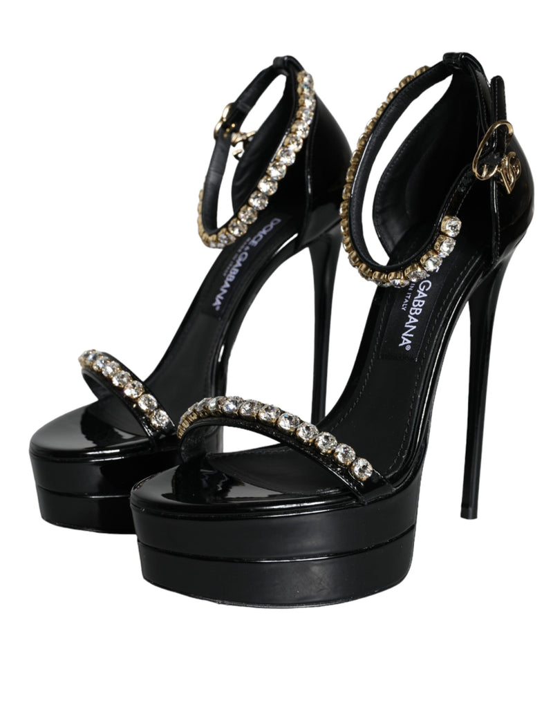 Dolce & Gabbana Black Keira Leather Crystals Sandals Heels Shoes