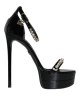 Dolce & Gabbana Black Keira Leather Crystals Sandals Heels Shoes