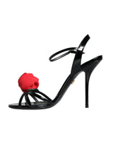 Dolce & Gabbana Black Leather Rose Ankle Strap Keira Sandals Shoes