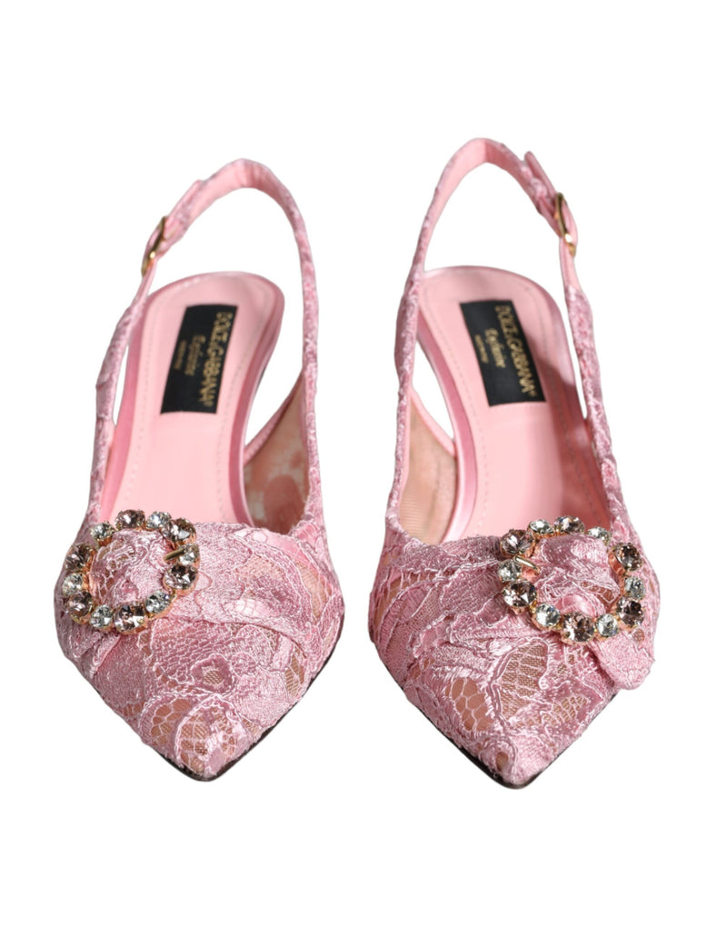 Dolce & Gabbana Pink Taormina Lace Crystal Heel Slingbacks Shoes