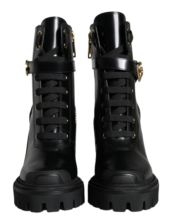 Dolce & Gabbana Black Calf Leather Logo Trekking Biker Boots Shoes