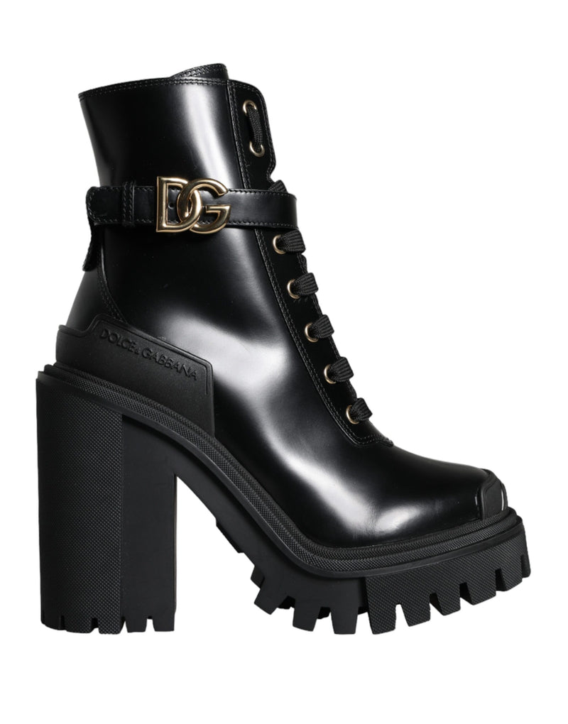 Dolce & Gabbana Black Calf Leather Logo Trekking Biker Boots Shoes