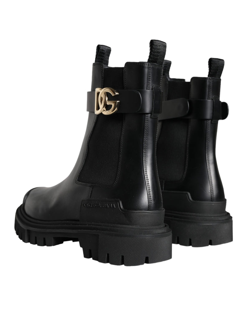 Dolce & Gabbana Black Leather Combat Mid Calf Boots Shoes